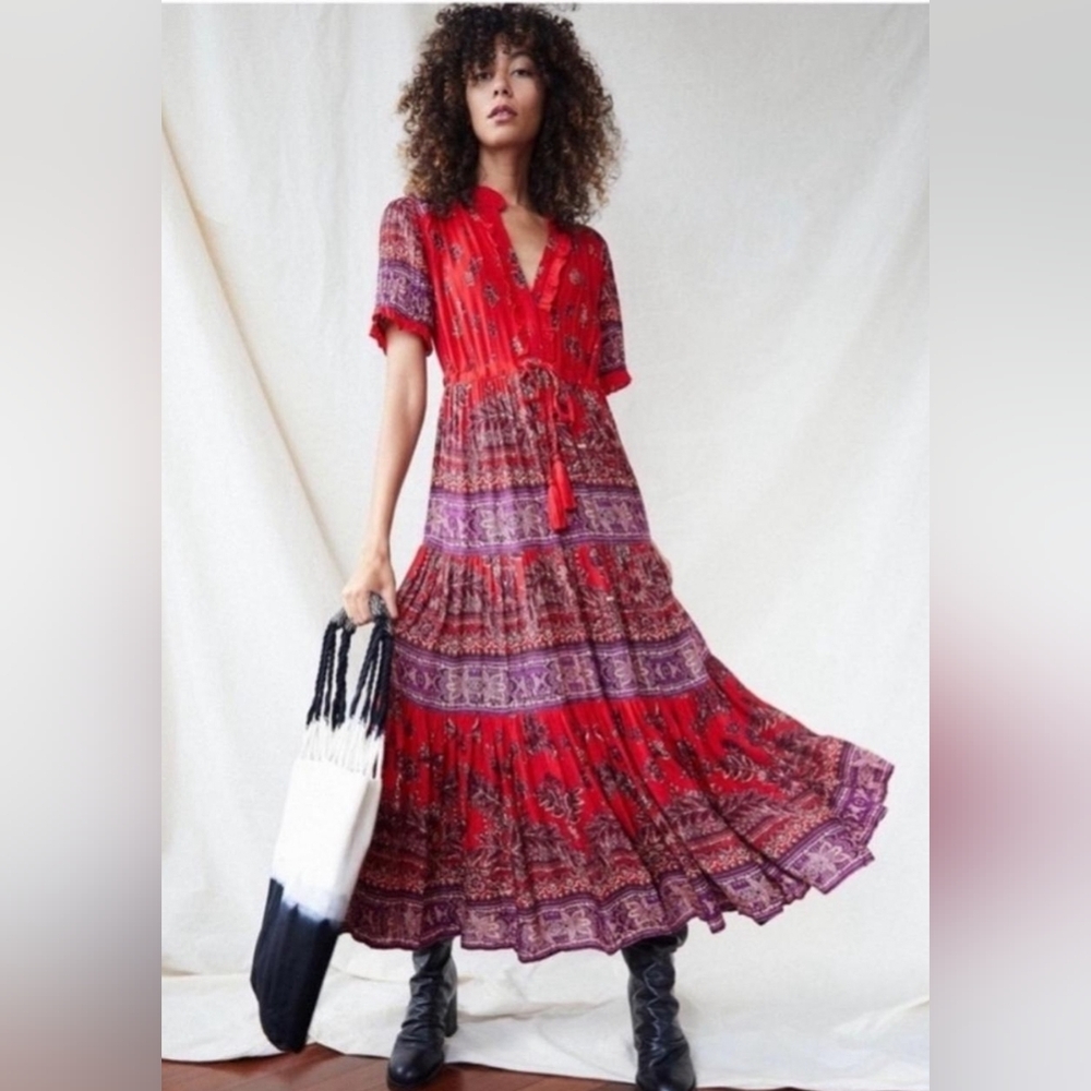 Free People RARE FEELINGS Red/Purple Maxi Dress Sz S